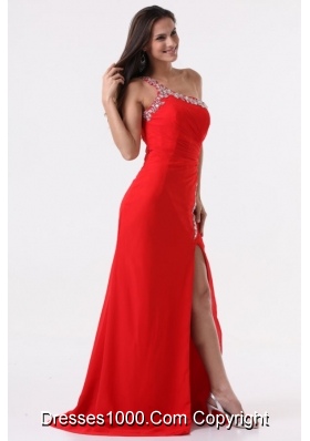 Sexy Red One Shoulder Beading High Slit Prom Dress