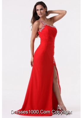 Sexy Red One Shoulder Beading High Slit Prom Dress