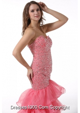 Layered Court Train Mermaid Sweetheart Prom Dresses in Watermelon