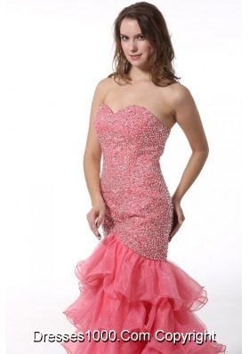 Layered Court Train Mermaid Sweetheart Prom Dresses in Watermelon