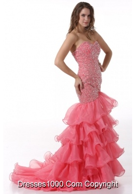 Layered Court Train Mermaid Sweetheart Prom Dresses in Watermelon