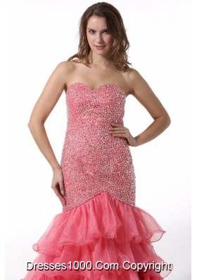 Layered Court Train Mermaid Sweetheart Prom Dresses in Watermelon