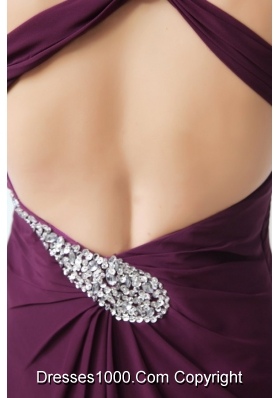 Purple One Shoulder High Slit Beading and Ruching Chiffon Prom Dress