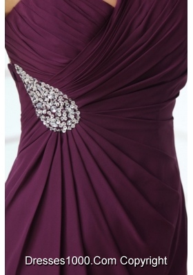 Purple One Shoulder High Slit Beading and Ruching Chiffon Prom Dress