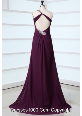 Purple One Shoulder High Slit Beading and Ruching Chiffon Prom Dress