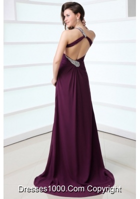 Purple One Shoulder High Slit Beading and Ruching Chiffon Prom Dress