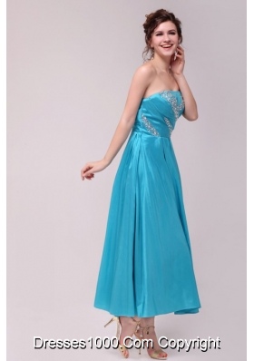 Elegant Aqua Blue A-Line Strapless Prom Evening Dress with Beading