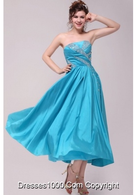 Elegant Aqua Blue A-Line Strapless Prom Evening Dress with Beading