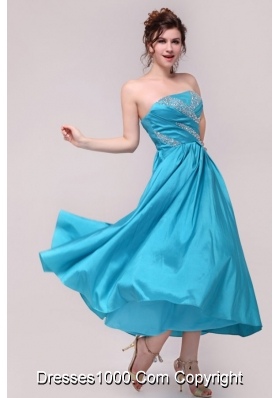 Elegant Aqua Blue A-Line Strapless Prom Evening Dress with Beading