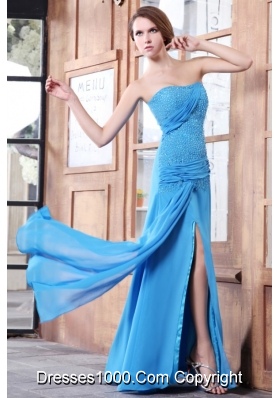 Lovely Aqua Blue Prom Dress with Beaded Bodice and High Slit on Skirt