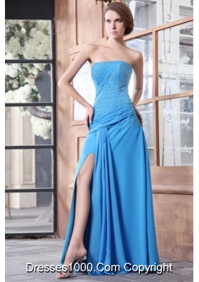 Lovely Aqua Blue Prom Dress with Beaded Bodice and High Slit on Skirt