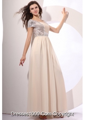 Elegant Champagne Prom Dress with Silver Sequined Fabric on Top