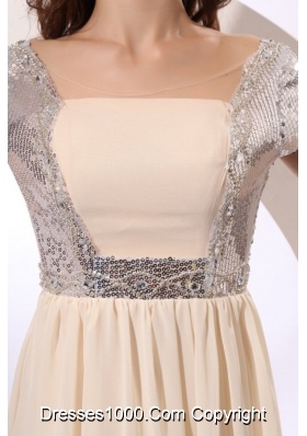 Elegant Champagne Prom Dress with Silver Sequined Fabric on Top