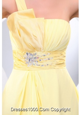 Light Yellow Empire One Shoulder Beading Chiffon Short Prom Dress