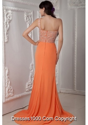 Orange Scoop Neck Beading Chiffon Prom Gown Dress with Brush Train