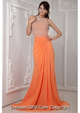 Orange Scoop Neck Beading Chiffon Prom Gown Dress with Brush Train