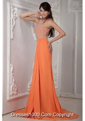 Orange Scoop Neck Beading Chiffon Prom Gown Dress with Brush Train