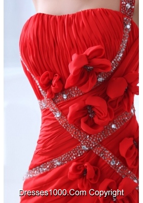 Empire Red One Shoulder Ruching Beading Chiffon Prom Holiday Dress