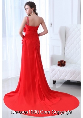 Empire Red One Shoulder Ruching Beading Chiffon Prom Holiday Dress