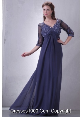 Half Sleeves V-neck Empire Chiffon Prom Dress with Beaded Appliques
