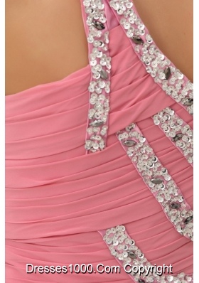 Graceful Watermelon One Shoulder Beaded Decorate Prom Gown Dress