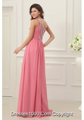 Graceful Watermelon One Shoulder Beaded Decorate Prom Gown Dress