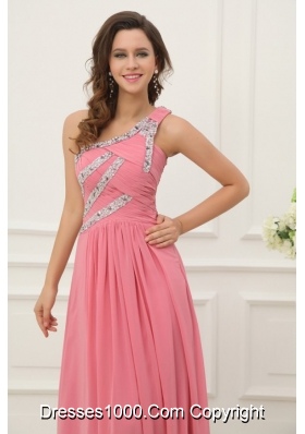 Graceful Watermelon One Shoulder Beaded Decorate Prom Gown Dress