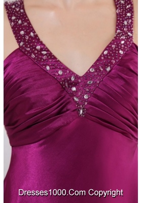 Fuchsia Column Beading and Ruching Straps Short Dresses for Prom