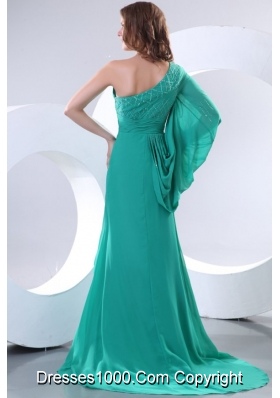 Beautiful Single Shoulder Chiffon Prom Dress in Teal with Sweep Train