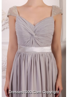 Beaded Cap Sleeves Full Length Gray Chiffon Prom Formal Dress