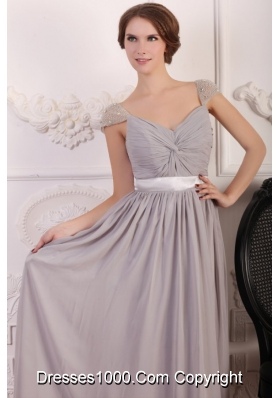 Beaded Cap Sleeves Full Length Gray Chiffon Prom Formal Dress