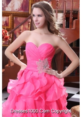 2014 Hot Pink Sweetheart Beading and Ruffles Prom Gown Dress