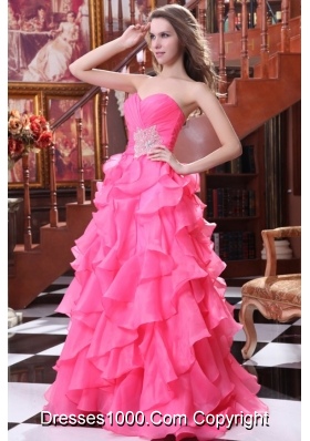 2014 Hot Pink Sweetheart Beading and Ruffles Prom Gown Dress