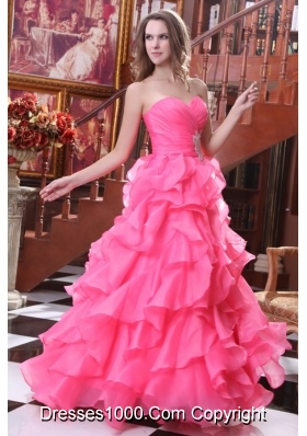 2014 Hot Pink Sweetheart Beading and Ruffles Prom Gown Dress