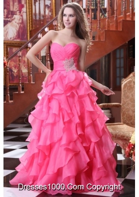 2014 Hot Pink Sweetheart Beading and Ruffles Prom Gown Dress