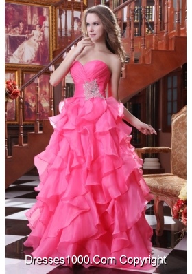 2014 Hot Pink Sweetheart Beading and Ruffles Prom Gown Dress