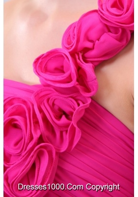 2014 Hot Pink Hand Made Flowers Ruching One Shoulder Prom Dresses