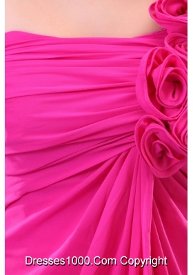 2014 Hot Pink Hand Made Flowers Ruching One Shoulder Prom Dresses