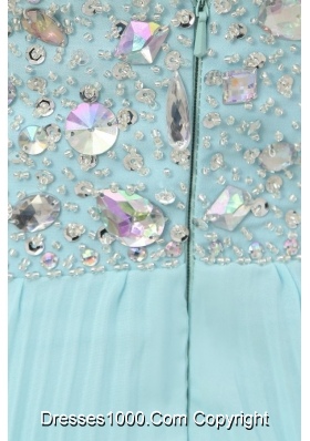 Jewelry Halter Top Pleating Chiffon Prom Dresses in Aqua Blue