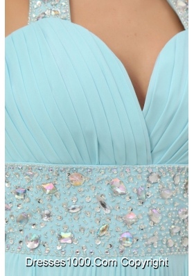 Jewelry Halter Top Pleating Chiffon Prom Dresses in Aqua Blue