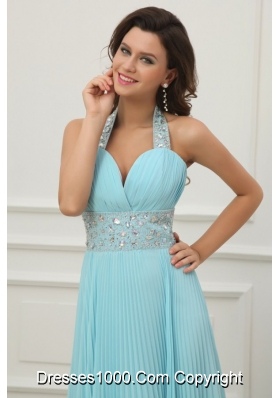 Jewelry Halter Top Pleating Chiffon Prom Dresses in Aqua Blue