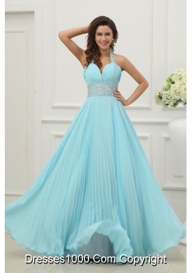 Jewelry Halter Top Pleating Chiffon Prom Dresses in Aqua Blue