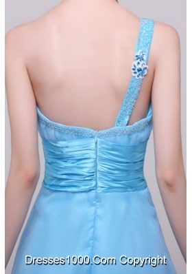 Single Shoulder High Low Ruching Organza Prom Gown in Aqua Blue