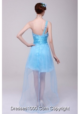 Single Shoulder High Low Ruching Organza Prom Gown in Aqua Blue