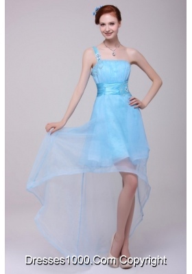 Single Shoulder High Low Ruching Organza Prom Gown in Aqua Blue