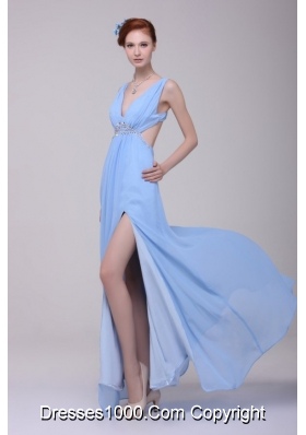 Gorgeous Blue V-neck High Slit Cutout Chiffon Prom Evening Dresses