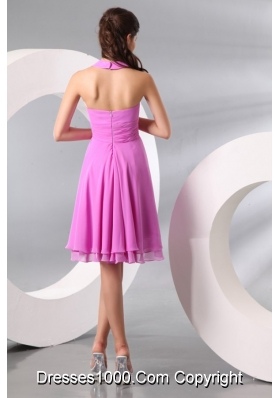 Simple Lilac Halter Top Ruching Knee-length Chiffon Prom Gown Dress