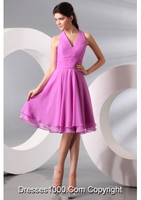 Simple Lilac Halter Top Ruching Knee-length Chiffon Prom Gown Dress