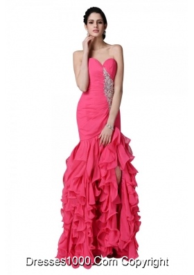 Mermaid Sweetheart Beading Ruffles Coral Red Prom Dress with High Slit