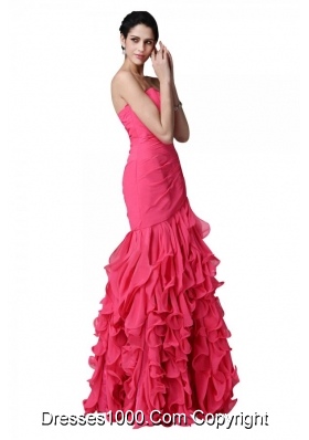 Mermaid Sweetheart Beading Ruffles Coral Red Prom Dress with High Slit